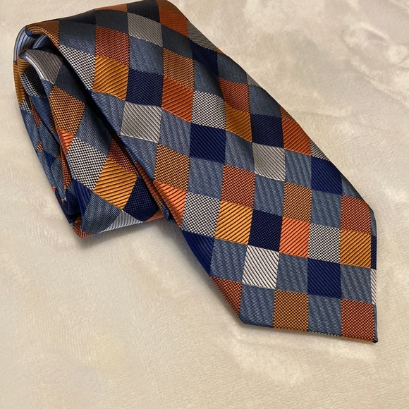 S & W Shlax & Wing navy orange checked tie - Picture 1 of 3